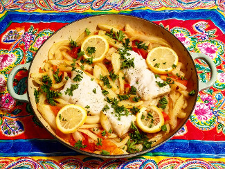 A bowl of Cod With Fennel and Tomato.