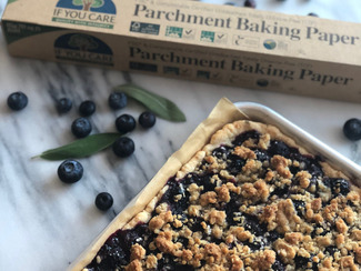 A sheet pan containing the Blueberry and Sage Sheet Pie.