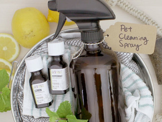 A picture of a bottle of the pet cleaning spray surrounded by lemons and peppermint leaves.