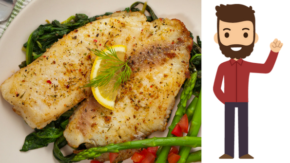 A cartoon representation of Matt, our fish hater, along with a photograph of a cooked piece of fish.