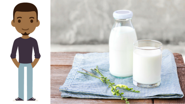 A cartoon representation of Dustin, our lactose avoider, along side a photograph of a bottle and glass of milk.