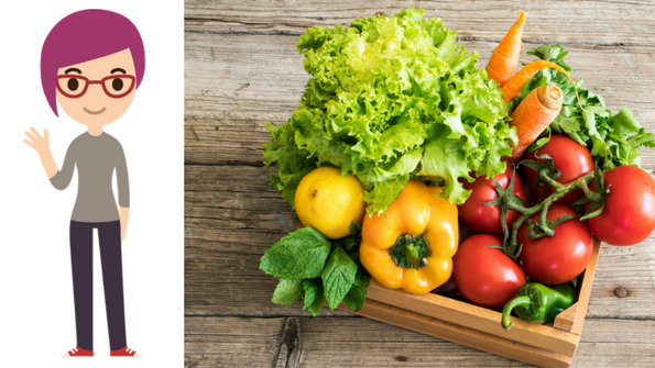 A cartoon representation of Octavia, the vegetable hater, next to a photo of a small crate of vegetables.